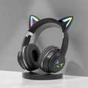 Cat Ear Bluetooth Headphones for Kids, Wireless Foldable Headphones with Microphone, LED Light Up Over Ear Headphones with Mic, for Home Office CellphoneiPhone/iPad/Laptop/PC (Black)