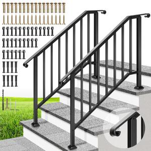 VIVOHOME 2-Pack 4 Step Wrought Iron Hand Rails for Outdoor Steps – Curved Ends and Safety Balusters Exterior Railing for Porch, Deck, or Indoor Stairs, Complete Installation Kit