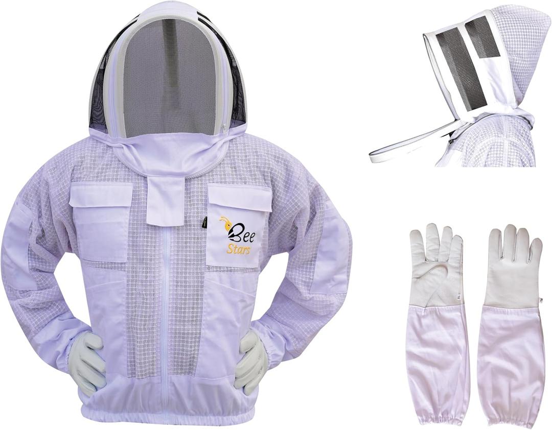 3 Layer Bee Jacket with Fencing Veil and One Pair Gloves Ventilated Sting Proof Beekeeping Jacket for Beekeepers (4X-Large, White)