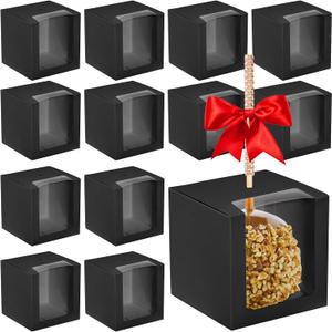 Henoyso 100 Pcs Candy Apple Boxes with Hole Caramel Apple Boxes 4 x 4 x 4 Inch Gift Box Cookies Chocolate Container with Clear Window for Harvest Autumn Party Wedding Baby Shower(Black)