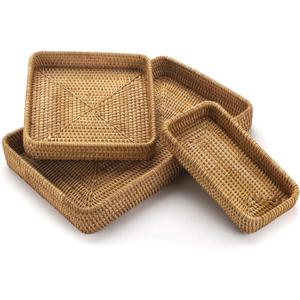 Rattan Serving Tray, Rectangular Woven Tray, Natural Wicker Decorative Serving Baskets for Organizing Tabletop Bathroom Kitchen Counter (Natural)