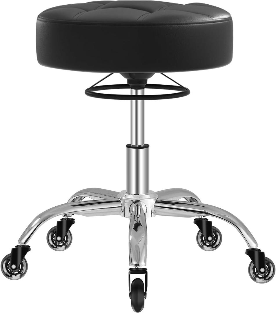 Rolling Stool Heavy Duty 400lb: Super Soft Seat Cushion,360 Swive,Height Adjustability,No Squeaky Noises,No Tip Over,New Upgraded Stool Salon Stool Chair, Tattoo Facial Massage Spa Medical (Black)