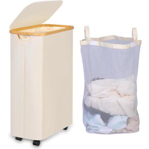 75L Laundry Hamper with Wheels,Clothes Hamper for Laundry,Slim Laundry Basket with Lid & Inner Bag,for Laundry Room, Bedroom, Dormitory Organization,Beige