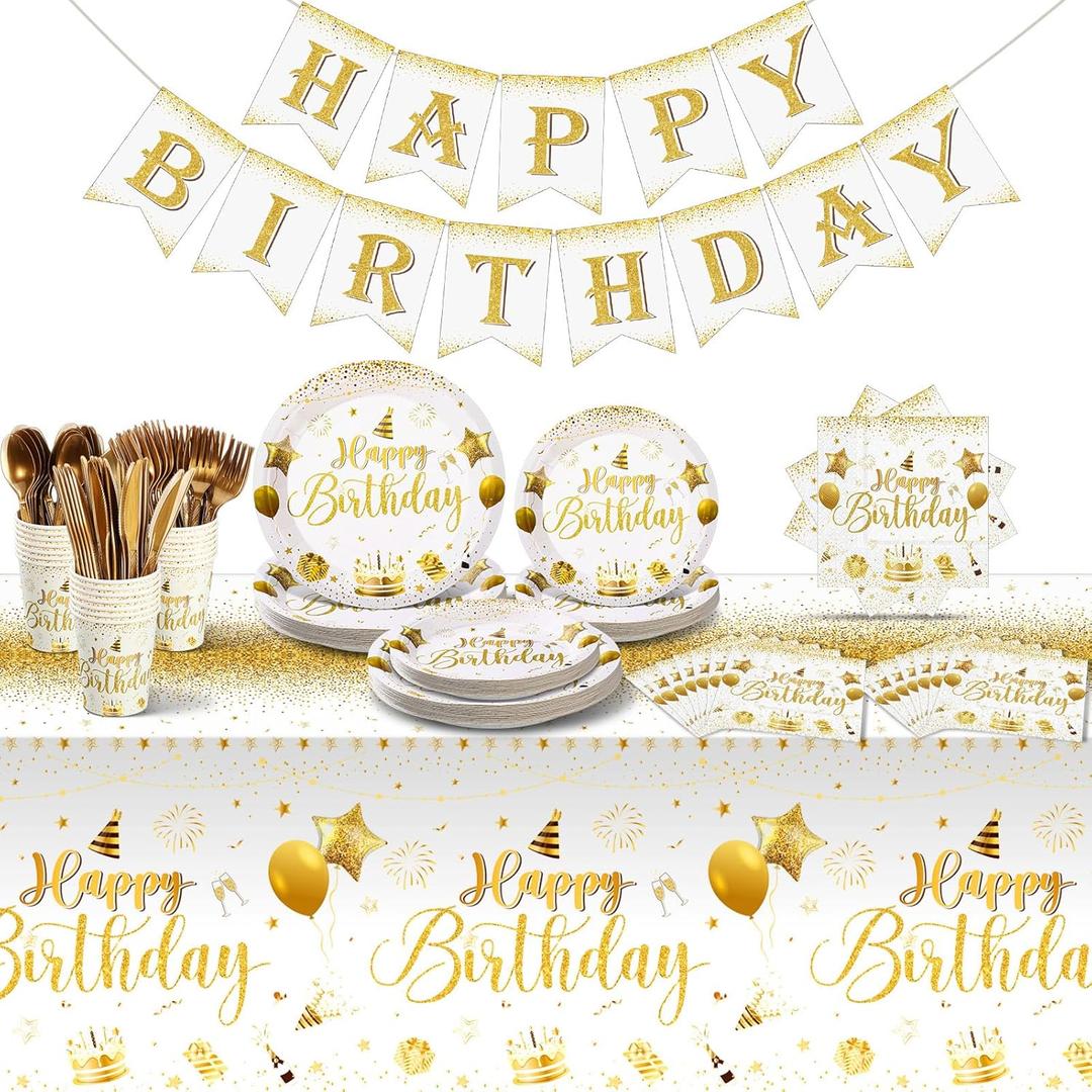 Vesici 171 Pcs Happy Birthday Party Supplies 24 Set Disposable Party Tableware include Plates Cups Napkins Cutlery and Banner Tablecloth Birthday Dinner Decorations for Men Woman(White, Gold)