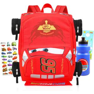 Disney Cars Mini Backpack for Kids - Bundle with 14 Lightning McQueen Backpack with Water Bottle, Stickers, More | 3D Lightning McQueen Travel Bag Set for Girls, Boys