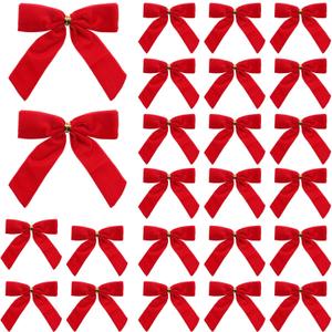 YTJGC 24 Pcs Red Velvet Ribbon Christmas Tree Bows Bow Tree Topper Door Garland Decor Vintage Wreath Bow Velvet Bows Ornaments for Christmas Trees Gifts Party Door Garland Wreath Deco (Red)