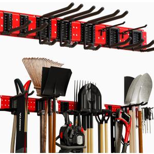 NattyDot Garage Tool Organizer Wall Mount 49.5inch With 9 Hooks,Shovel Holder Wall Mount Ski Rck for Garage Garden Tool Rack Heavy Duty(Red)