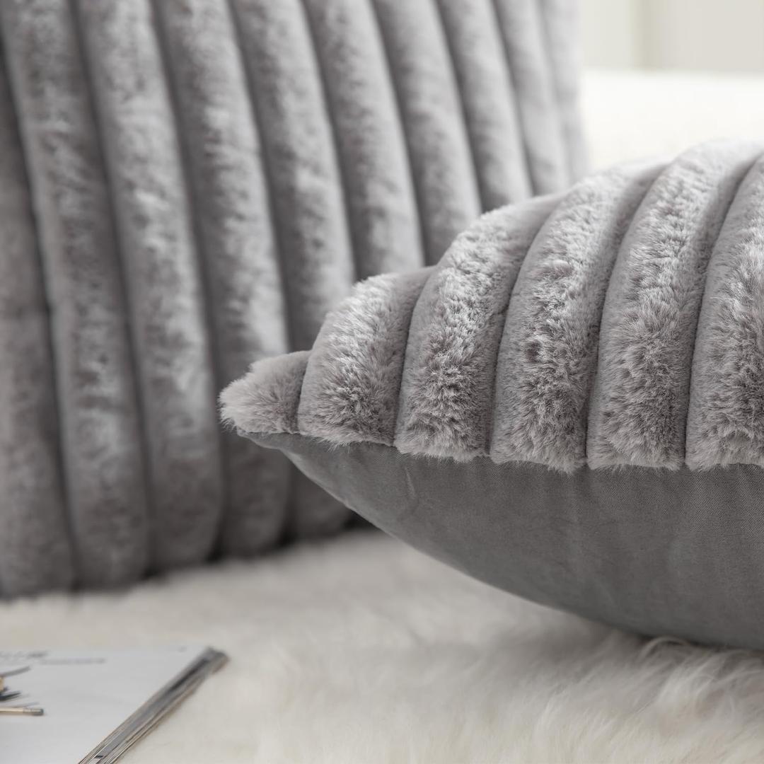 Pack of 2 Decorative Throw Pillow Covers Faux Fur Striped Plush Soft Cushion Covers Pillow Cases Bedroom Living Room Sofa Home 17X17