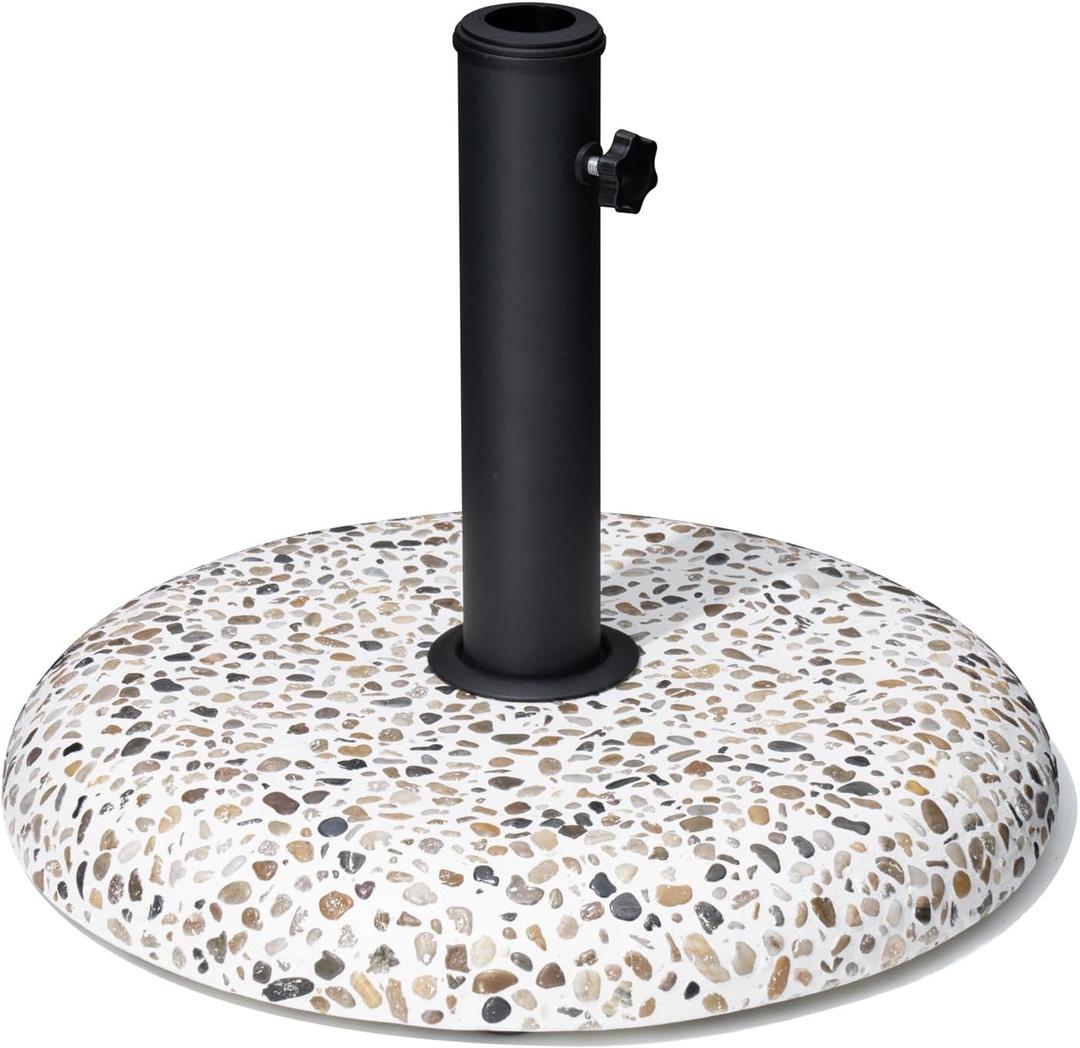 45lbs Patio Umbrella Base, Outdoor Umbrella Stand, Concrete with Cobblestone Decor Heavy Duty Umbrella Holder Outdoor Base for Deck Poolside Yard (Cobblestone) (Round with Wheels)