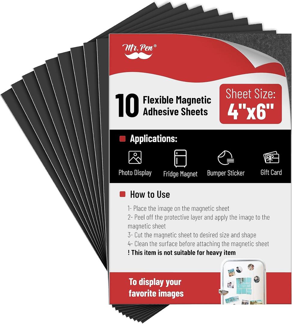 Mr. Pen- Adhesive Magnetic Sheets, 4" x 6", 10 Pack, with Adhesive Backing, Flexible Picture Magnets, Cuttable Magnetic Sheets