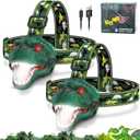 Dinosaur Headlamp for Kids Flashlight 2 Pack, Rechargeable Led Headlights Roar & Silent Mode, T-Rex Dinosaur Toys, Camping Gear, Valentines Day Gifts for Boys Girls Adults