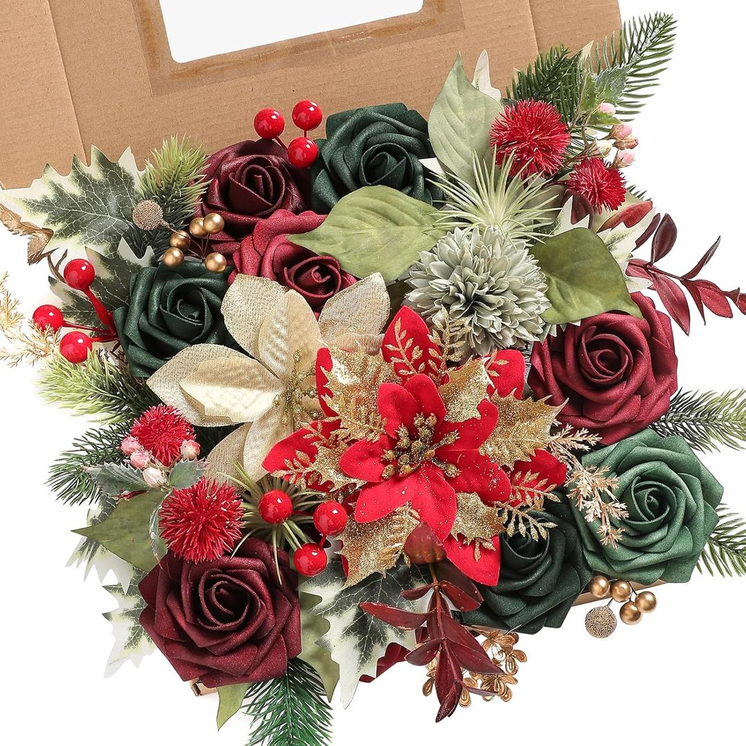 Serra Flora Artificial Christmas Flowers Greenery Combo Box Set Faux Flowers Bulk Flower Leaf with Stems for DIY Tree Ornaments Xmas Wreath Floral Arrangements Centerpieces (Chrismas Red)