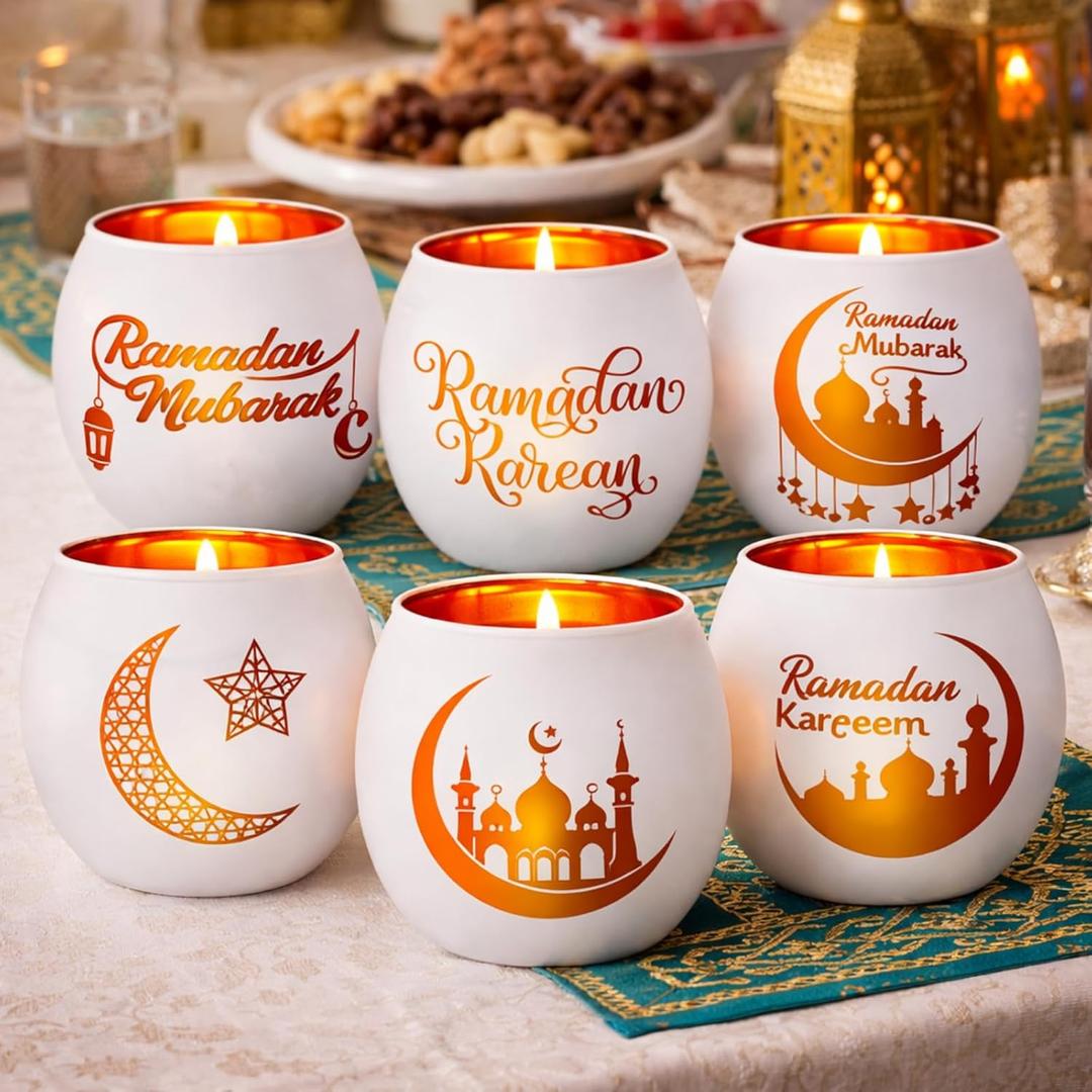 FoldTier 6 Pcs Ramadan Table Decor Ramadan Mubarak Candle Holders Glass Eid Mosque Decoration Votive Tealight Candle Holders for Muslim Gift Tabletop Centerpieces Islamic Party Home Decoration