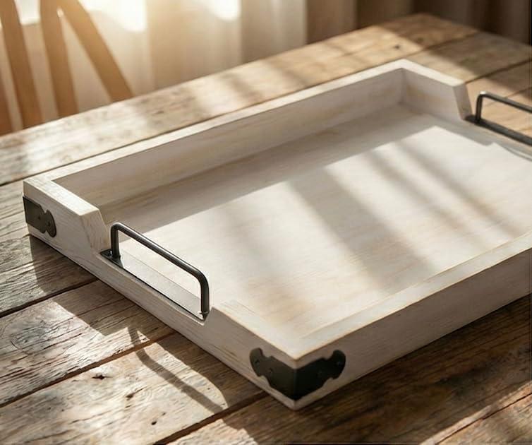 Wooden Rustic Large Serving Tray with Handles | White | Vintage Style | Unique Decorative Metal Corners | Wood Ottoman Tray | Outdoor Tray | Rustic Home Decor Tray | Tray for Coffee Table | Tea Tray
