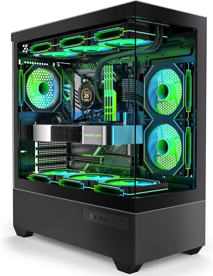 Gaming PC Case, Type-C ATX Computer Case with 6 PWM ARGB Fans Pre-Installed, Full Tower PC Case Full-View Dual Tempered Glass, Black(H2)