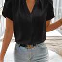 Women's Tops Dressy Casual V Neck Short Sleeve Shirts Summer Chiffon Work Blouse Business Clothes (Black, XXL)