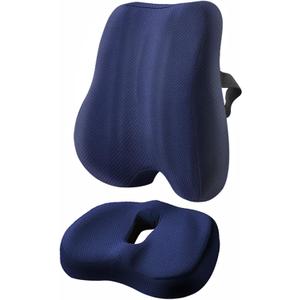 SOONHUA Seat Cushion and Lumbar Support Pillow Set for Office Chair, Memory Foam Back Support Pillow for Car Seat Gaming Chair, Ergonomic Pillow for Tailbone Sciatica and Back Pain Relief (Medium, Navy Blue)