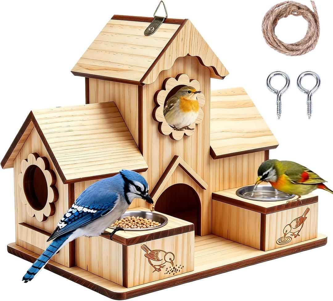 Bird House for Outdoors, 4-Hole Hanging Birdhouse, Bluebird House with Stainless Steel Feeding Tray, Cedar Wood Nesting Box for Wrens, Chickadees and Swallows