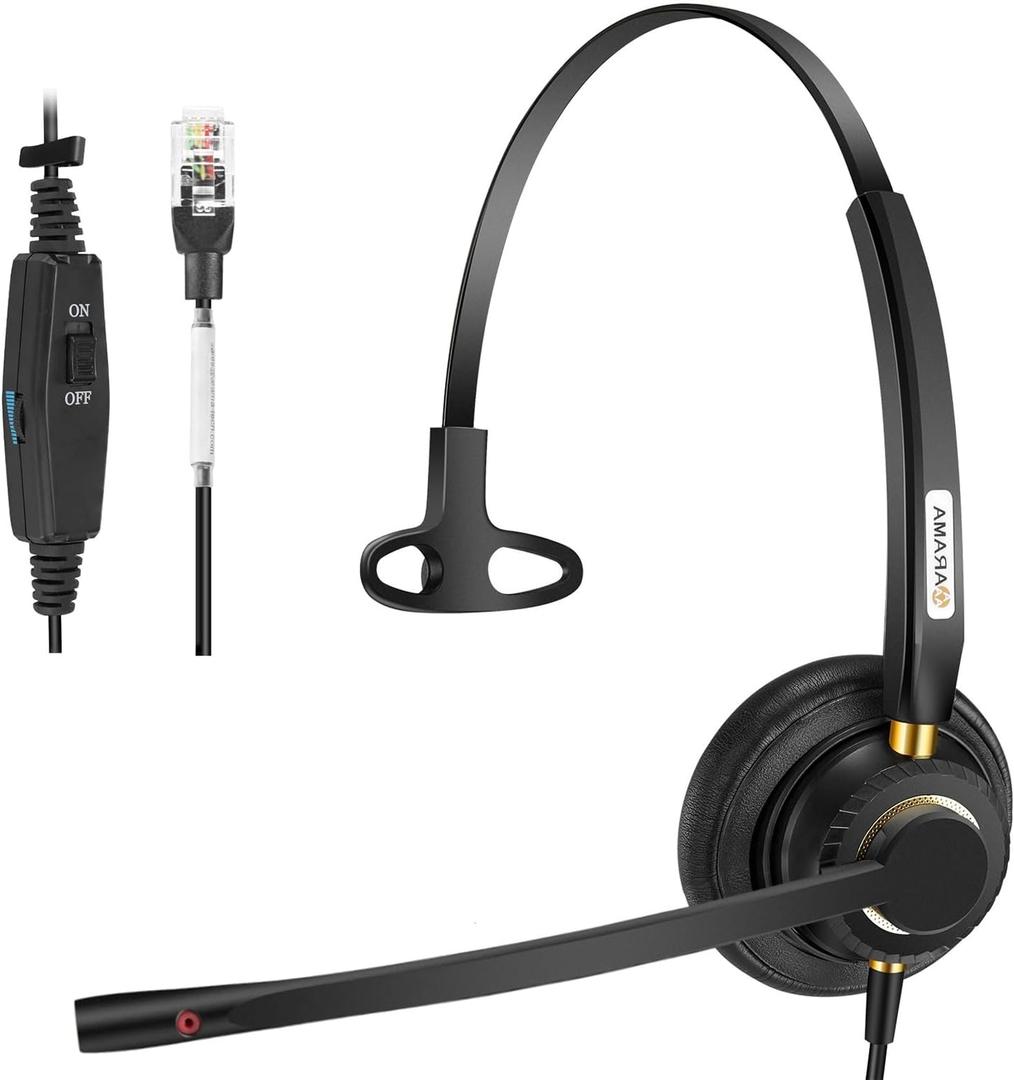 Arama Corded Telephone Headset Mono w/Noise Canceling Mic for Polycom Mitel Avaya Aastra Allworx Adtran Alcatel Lucent AltiGen Comdial Digium Gigaset InterTel Plantronics Landline Deskphones(A800S1)