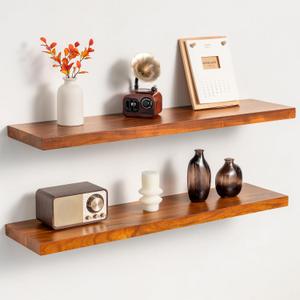 32 Inch Teak Floating Shelves Set of 2 - Solid Natural Wood Wall Mounted Shelves with Invisible Brackets - Heavy Duty Waterproof Storage for Bathroom, Kitchen, Living Room & Outdoor