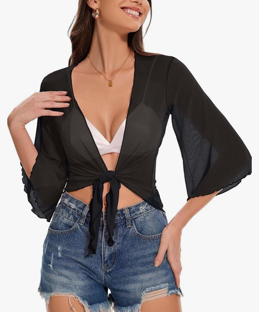 Women's Short Cardigan Bolero Shrug Sheer Tie Front Top 3/4 Sleeve Jacket for Dress, XL