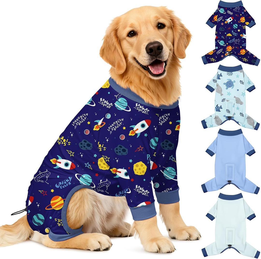 Bienbee Dog Pajamas, 4 PCS Cozy Recovery Suit for Dogs Shedding Suit Cone Alternative Jammies Onesie Pjs Doggie Pajamas Dog Clothes for Small Medium Large Dogs Boy Girl(Rockets Set)-2XL