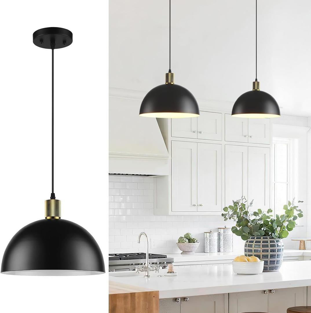 1pc Black Pendant Lights Kitchen Island, 11.8" Modern Dome Pendant Light Fixtures Farmhouse Hanging Lights for Dining Room Hallway Sink Entryway