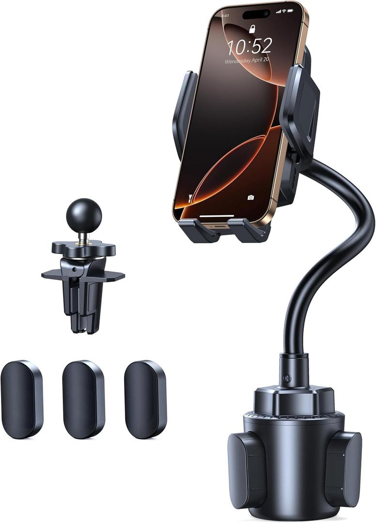 TECKNET Cup Phone Holder for Car - Adjustable Gooseneck Cup Holder Phone Holders with Air Vent Holders & Expandable Base, Cupholder Phones Mount for iPhone 17/16 Pro Max and All Cell Phones, Car Model