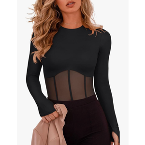 REORIA Women's Trendy Sexy Crew Neck Thumbholes Long Sleeve Sheer Mesh Going Out Bodysuit Tops M