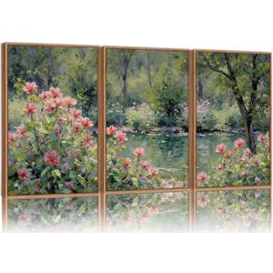 YeeHomedec Monet Botanical Framed Canvas Wall Art Set, Impressionist Floral Garden Wall Decor, Vintage Pond Tree Artwork, Nature Landscape Art Paintings for Living Room Bedroom Bathroom 24"x36"x3, 36L" x 24W"