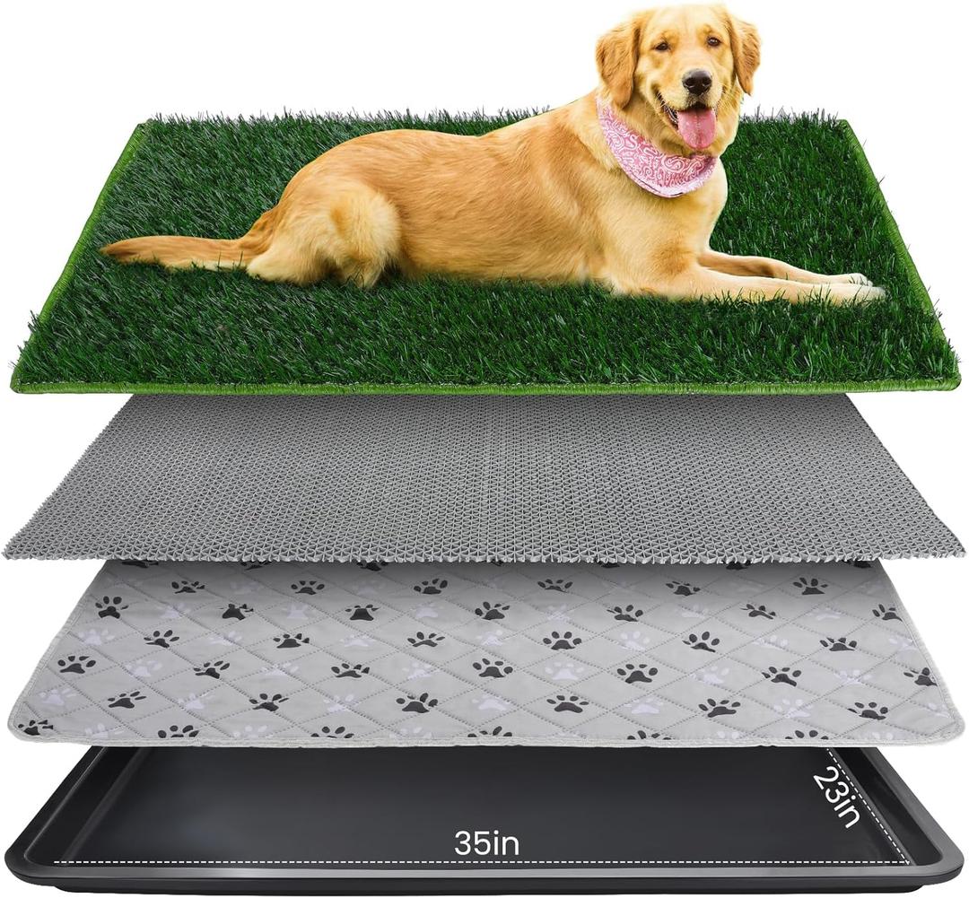 FURWAY Dog Grass Pad with Tray Artificial Grass Puppy Pee Pad for Dogs, Reusable 4-Layer Training Potty Pad with Tray, Quick Absorbent Indoor & Outdoor Portable Dog Patio Potty ( 35.4"x23.6")