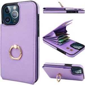 Folosu Compatible with iPhone 13 Pro Max Case Wallet with Card Holder, 360Rotation Finger Ring Holder Kickstand Protective RFID Blocking PU Leather Double Buttons Flip Cover 6.7 Inch Purple