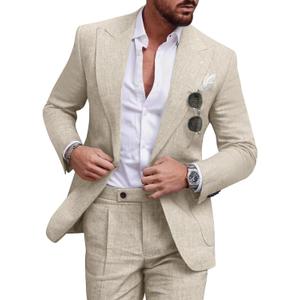 Linen Men Suit Set Casual Tuxedo 2 Piece Regular Fit Blazer One Button Solid Jacket and Pants for Prom Wedding Party (Beige, XXL)