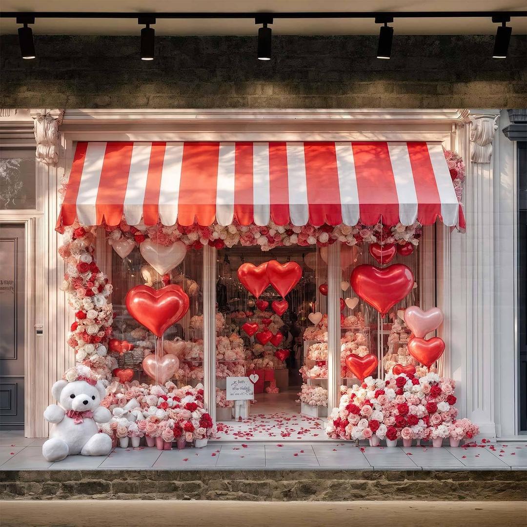 7X5ft Valentine's Day Backdrop Red Love Hearts Roses Valentines Store Party Decorations Photography Background Floral Windowsill Wedding Bridal Shower Party Supplies Photo Booth Props