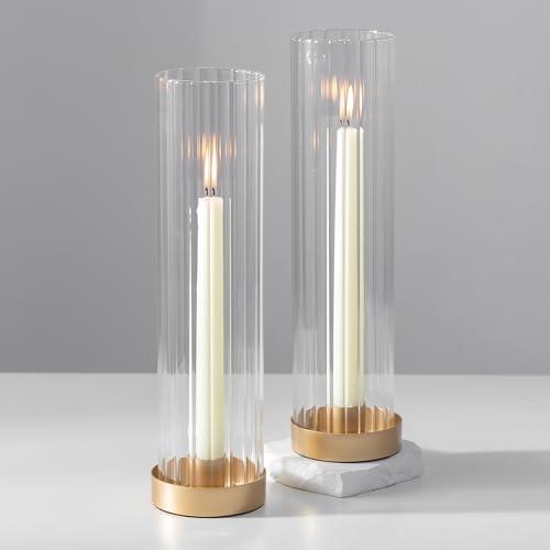 Hewory Hurricane Glass Candle Holders: 1 Gold Candlestick Holders with 11" Tall Clear Cylinder Hurricane Cover, Taper Candle Holder for Wedding Table Centerpiece Party Christmas Home Decor