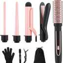 5-in-1 Curling Iron Set, Including a Curling Brush, Straightener, and 4 Interchangeable Ceramic Curling Barrels; Dual Voltage; Comes with Gloves and Hair Clips (0.351.25 inches), Rose Gold