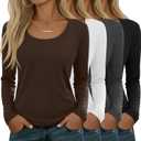 4 Pack Women's Scoop Neck Long Sleeve Tops, Loose Casual T-Shirts Fall Layer Trendy Soft Basic Tee for Ladies (Large, Brown, White, Dark Gray, Black)