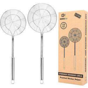 Pack of 2 Large Spider Strainer, Stainless Steel Skimmer Basket,Kitchen Ladle Strainers,Mesh Spoons with Long Handle, Cooking Tools for Frying, Boiling Noodles, Dumplings, Pasta