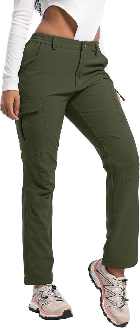 Women's Snow Ski Pants Fleece Lined Waterproof Softshell Insulated Winter Outdoor Hiking Cargo Pants (Green, XXL)