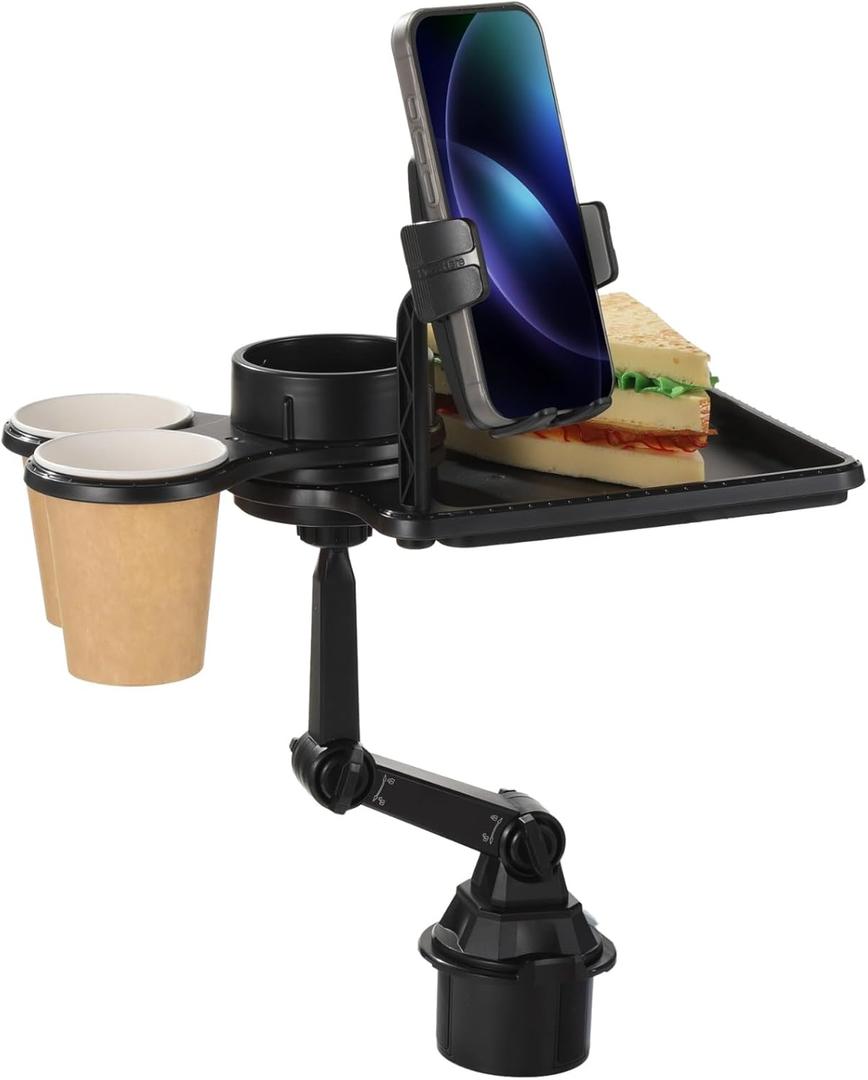 Cup Holder Tray for Car, Car Cup Holder Tray with Phone Stand, Car Table Tray, Detachable 360 Rotation, Ideal for Daily use and Road Trip Dining (1 Food Tray)