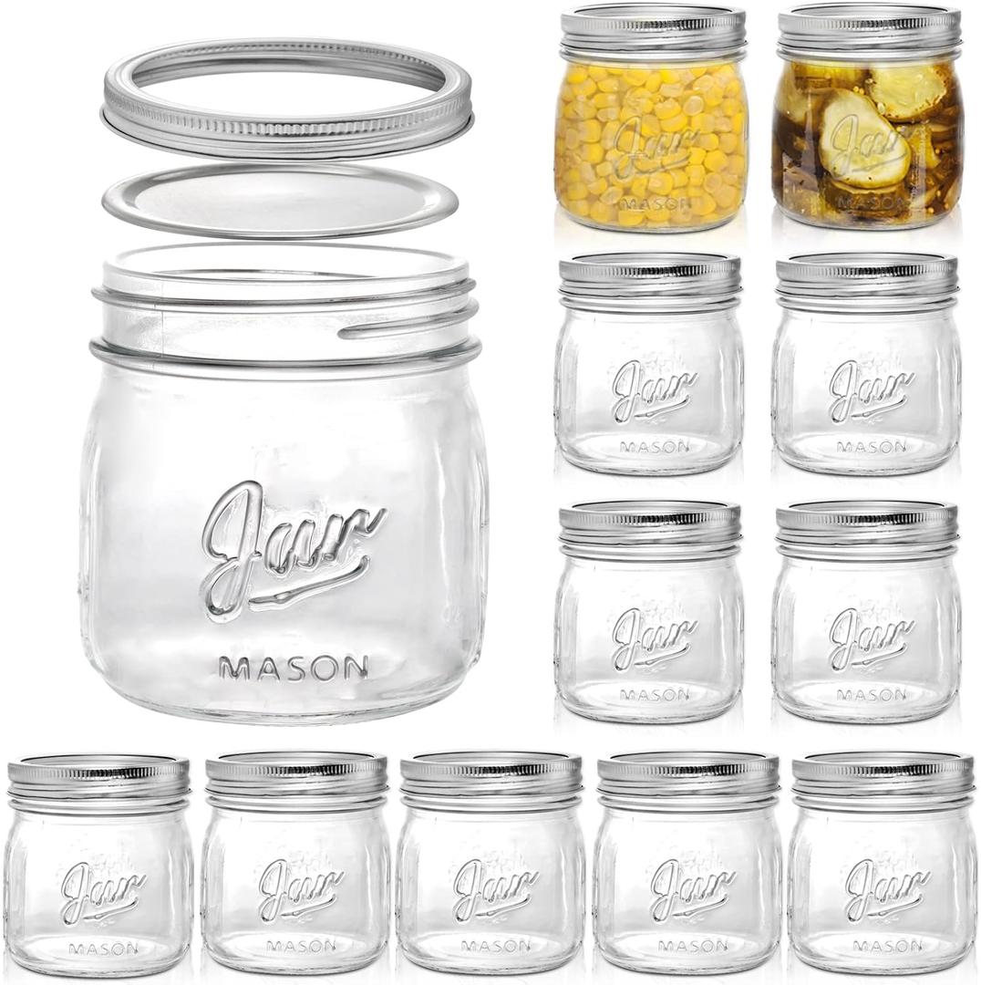 Lyellfe 12 Pack Wide Mouth Mason Jars, 16 Oz Short Glass Canning Jar with Airtight Lids, Food Safe Jam Spice Jar for Honey, Jelly, Wedding Favors, DIY Project, Dishwasher Safe