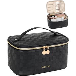 Prite Makeup Bag, Large Capacity Portable Travel Cosmetic Bag, Waterproof Makeup Organizer for Women with Handle and Divider (001 Black)