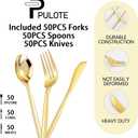 PULOTE 150PCS Gold Plastic Silverware Disposable - Heavy Duty Gold Plastic Cutlery - Gold Plastic Utensils Set Include 50 Knives,50 Forks,50 Spoons for Party&Wedding