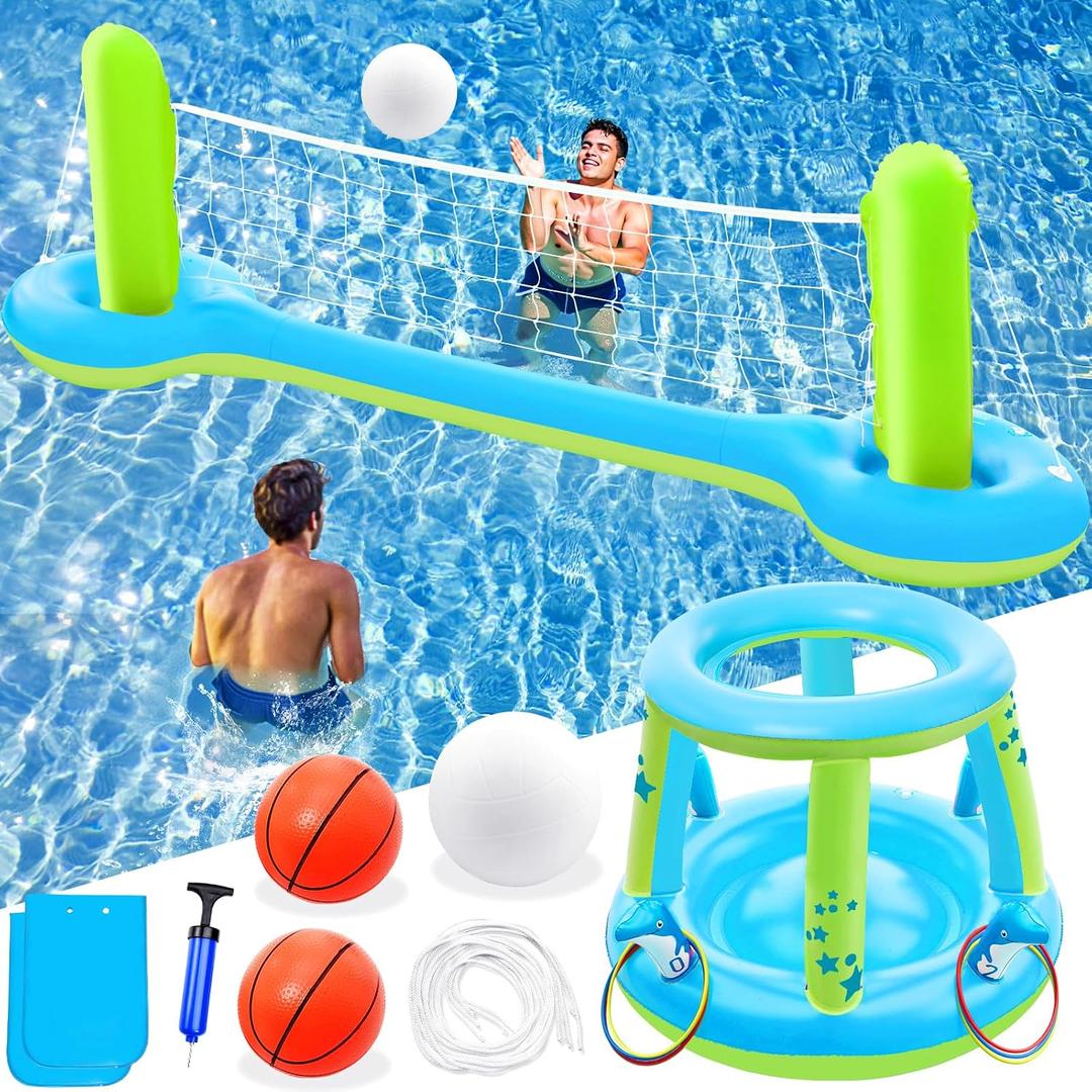 Jasonwell Pool Toys Games Set - 3 in 1 Pool Volleyball Net Basketball Hoop Ring Toss Game Inflatable Floats Water Floating Volleyball Swimming Pools Games Party Gift for Kids Adults (Blue&Yellow, XL), X-Large