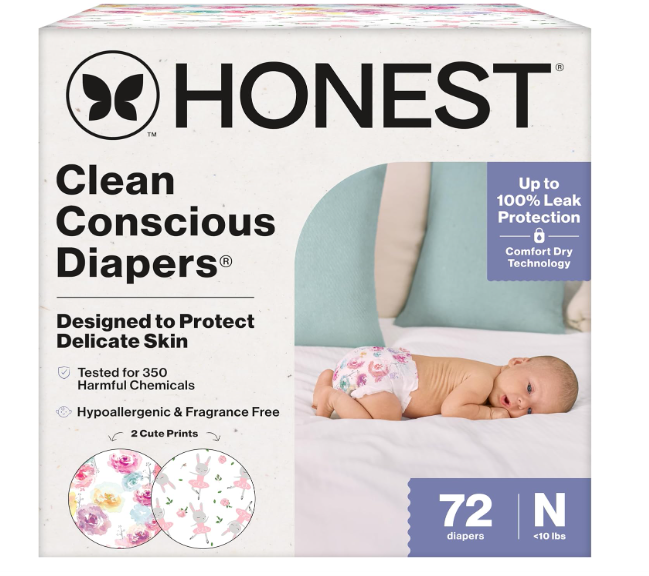 The Honest Company Comfort Dry Disposable Diapers for Sensitive Skin, Hypoallergenic, Rose Blossom + Tutu Cute, Club Box Size 2 (12–18 lbs), 72 Count