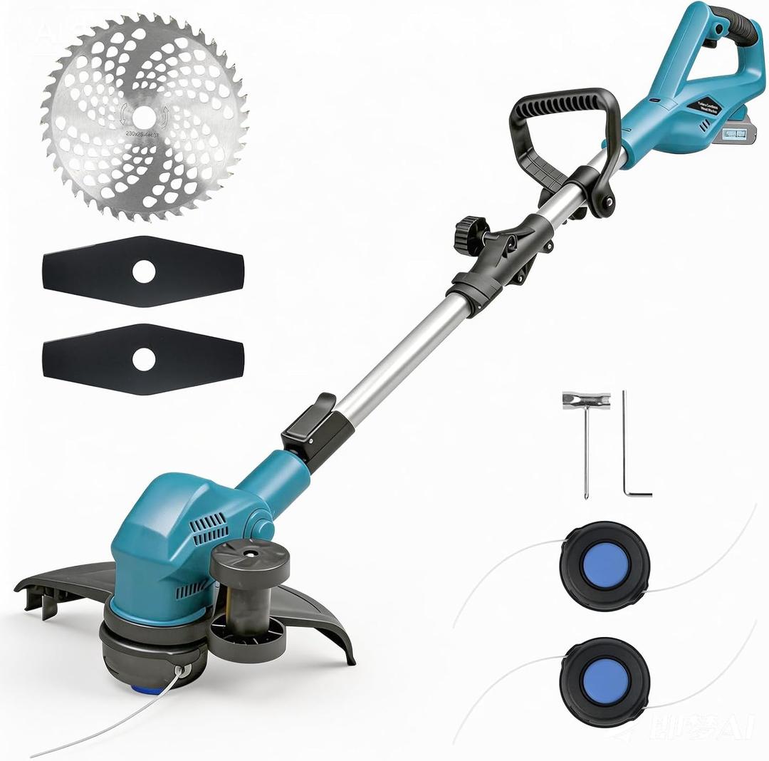 Cordless Weed Wacker & Edger Compatible with Makita 18V Battery, 3-In-1 Folding 150cm/59in Brushless Electric String Trimmer, Grass Cutter with 3 Types Blade for Lawn, Yard & Bush Trimming(No Battery) (Blue)