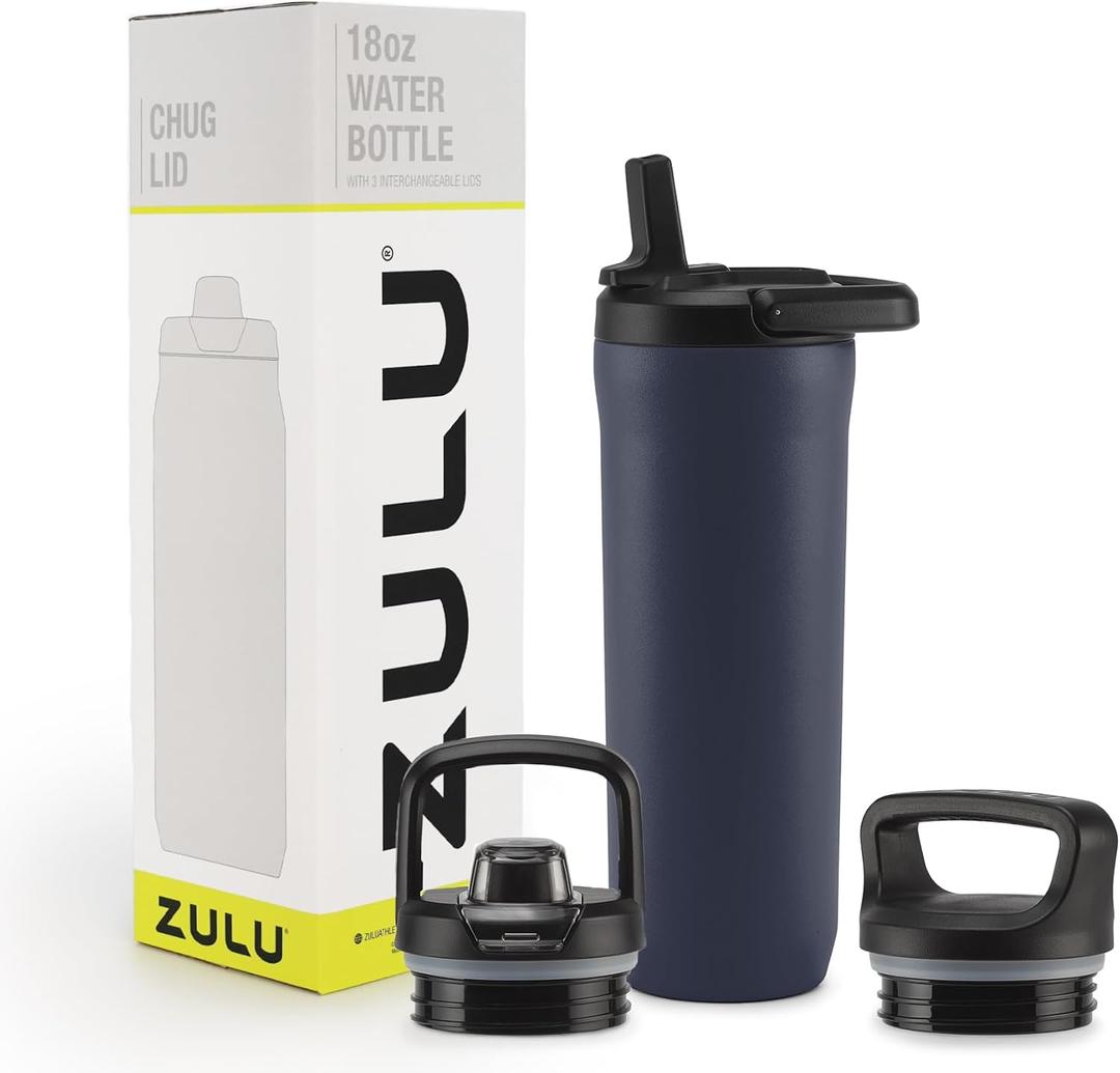 ZULU Base 18oz Kids Stainless Steel Water Bottle with 3 Lids- Straw, Chug, Twist | Double Walled and Vacuum Insulated Metal Thermos | Fits Car Cupholder, Built in Carry Loop, Dishwasher Safe, Navy