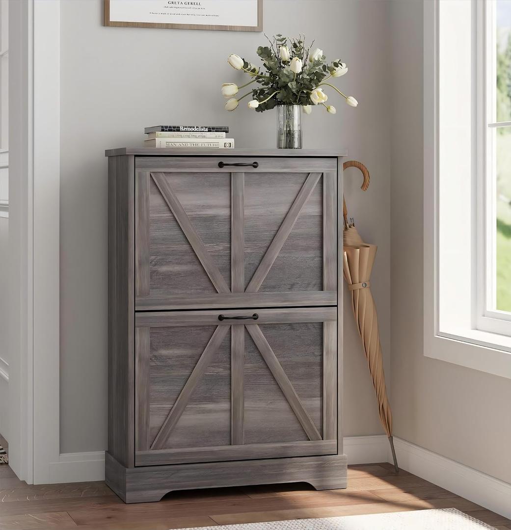 Shoe Cabinet, Shoe Storage Cabinet for Entryway with 2 Flip Drawers, Narrow Farmhouse Shoe Organizer Cabinet, Slim Shoe Rack Cabinet, Gery, Width - 23.6 inches