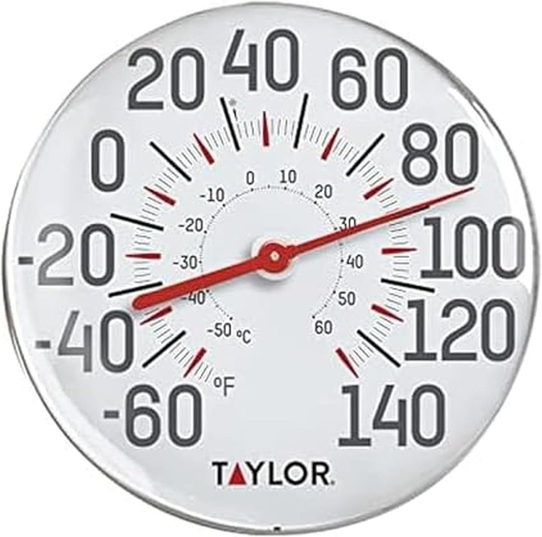 Taylor Metal Wall Indoor Outdoor Thermometer, Wireless Thermometer with Easy to Read Large Numbers for Patio, Pool, and Indoor Areas, 12-inch, White