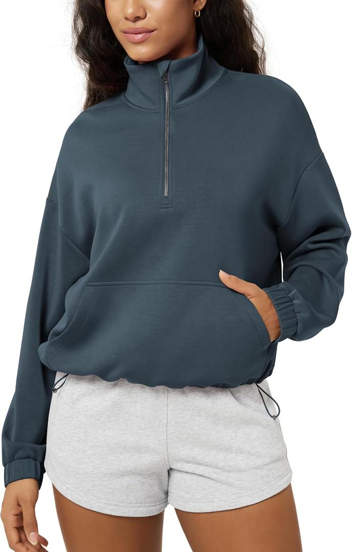 ODODOS Women's Modal Soft Cinchable Sweatshirts Half Zipper Funnel Neck Oversize Pullover with Pockets (Blue, M)